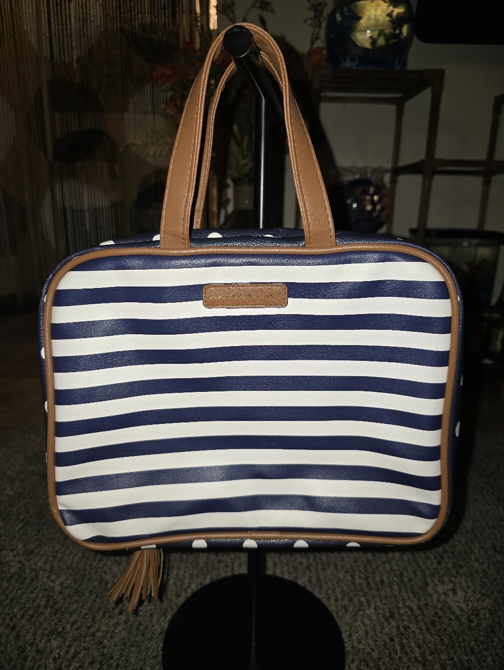 Red/Blue/White Striped Cosmetic Travel Bag w/ Tan Accents By Anna Martina Franco